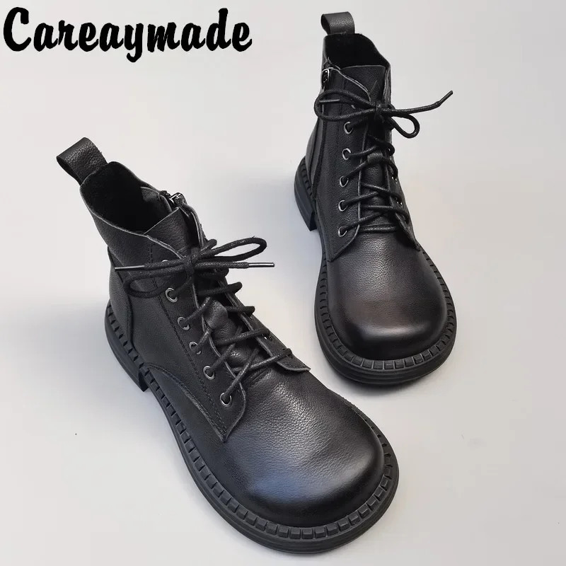 Careaymade -100% genuine leather wide version casual womens large-sized short boots mens pure handmade single boots warm wool boots 241007