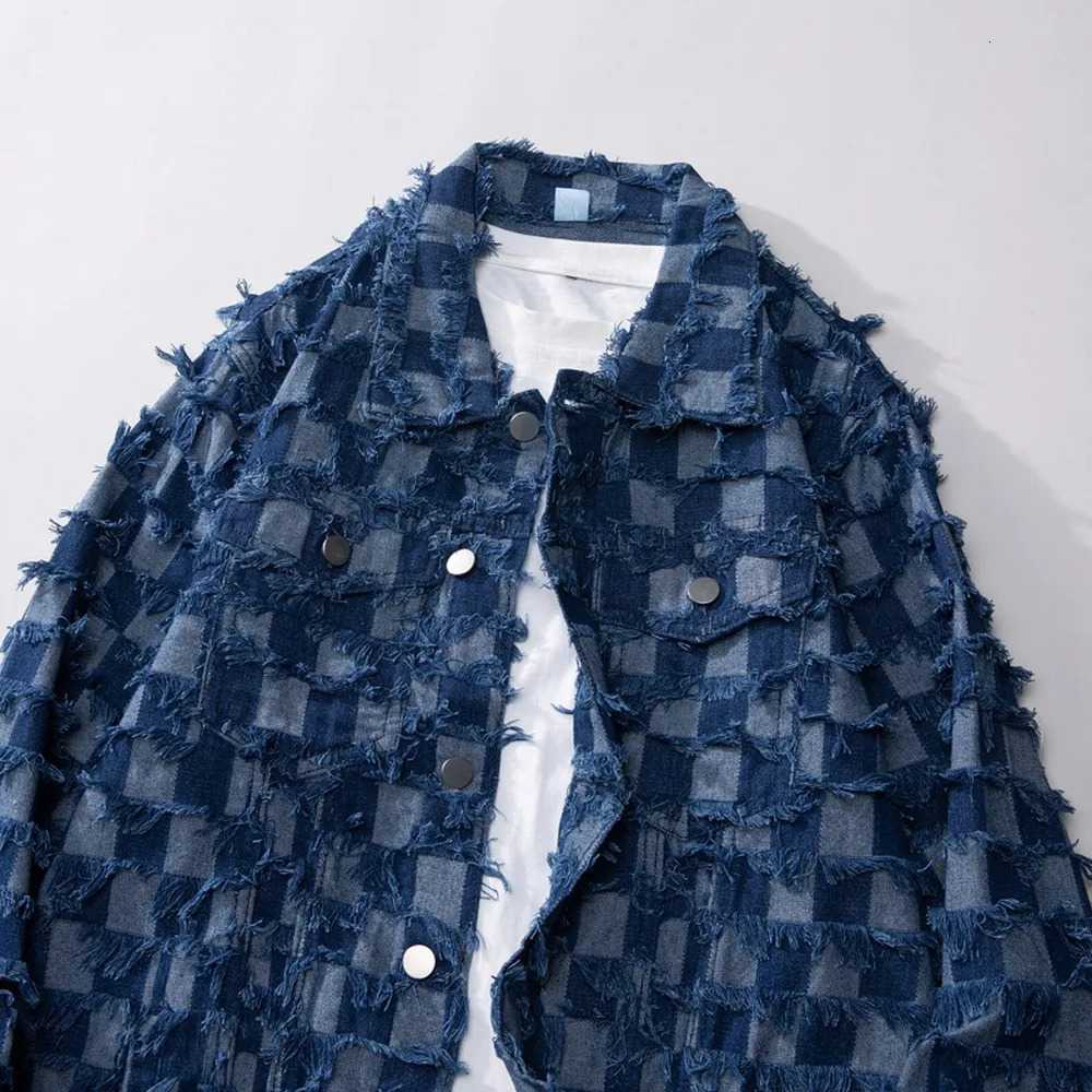 Spring and autumn vintage blue checkered denim jacket pure cotton Jaqueta jeans street loose Chaquetas Hombre mens 241007