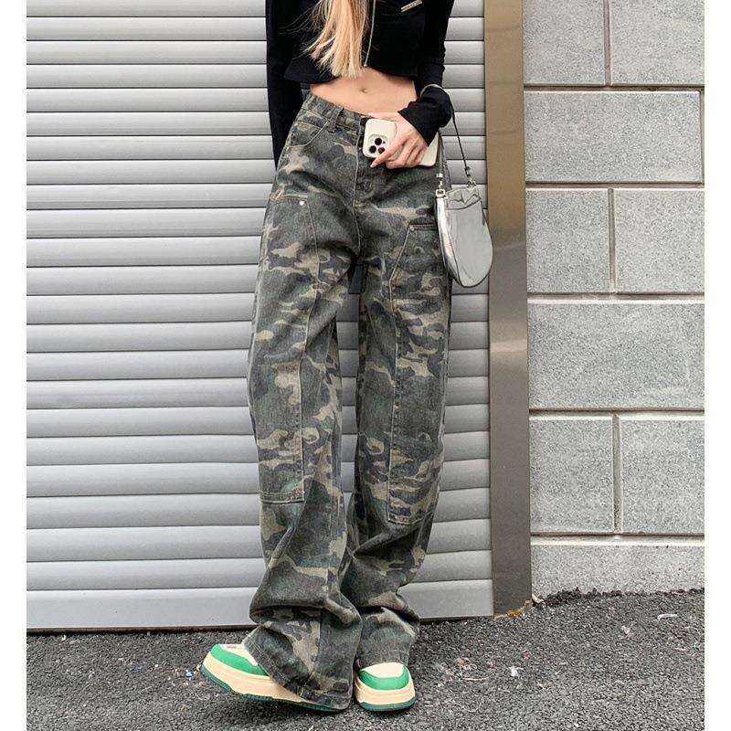 American Hip-hop Camouflage Work Womens Chubby Mm Spring Loose Straight Jeans Look Slim High Waisted Wide Leg Pants Trendy All-match Model Fashionable