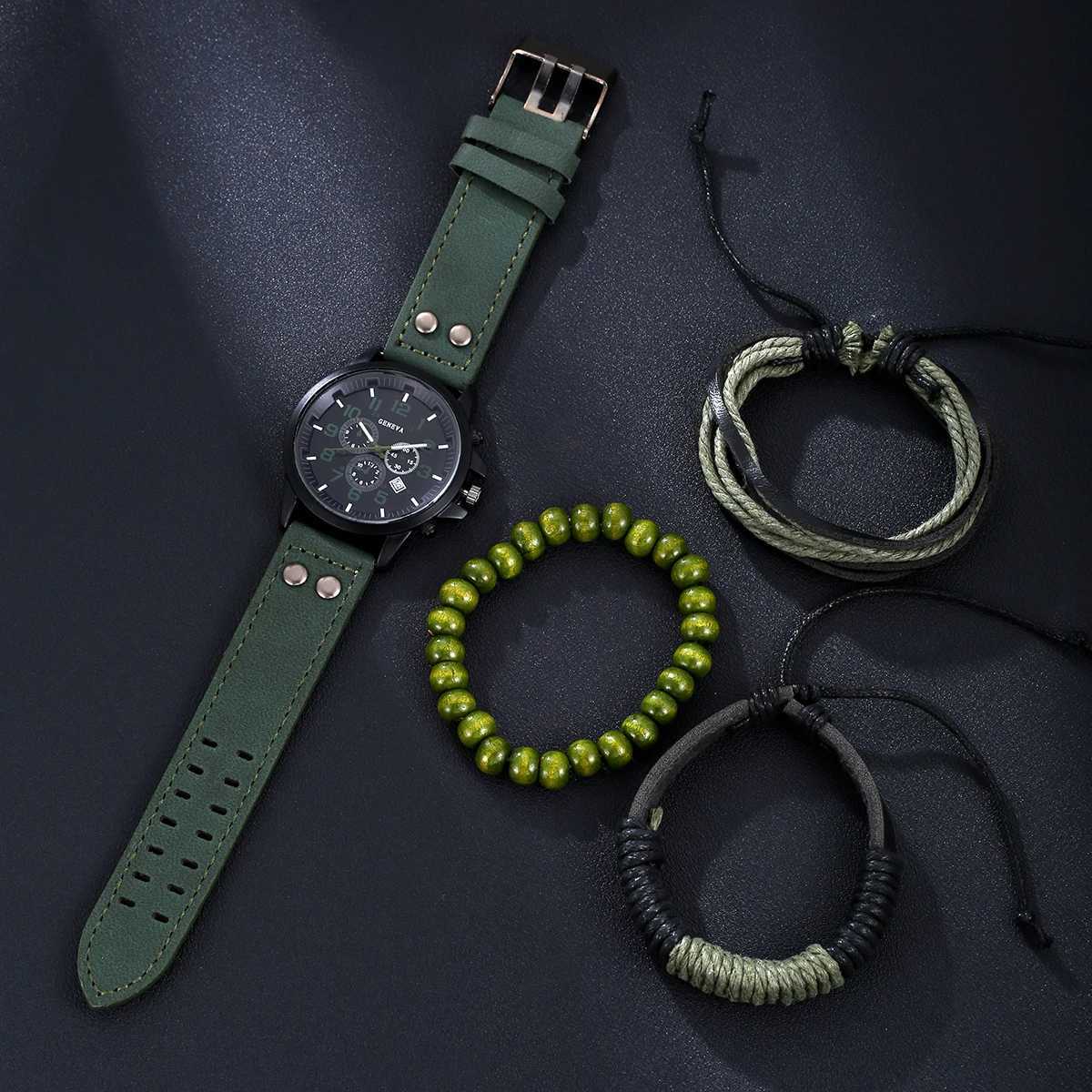 Mens New Handsome Army Green Belt Quartz Watch+Three BraceletsX241010