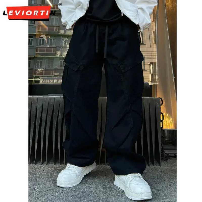 Retro mens straight leg pants 100% pure cotton wide cargo pants casual bag large pocket umbrella cavalry streetwear W241009