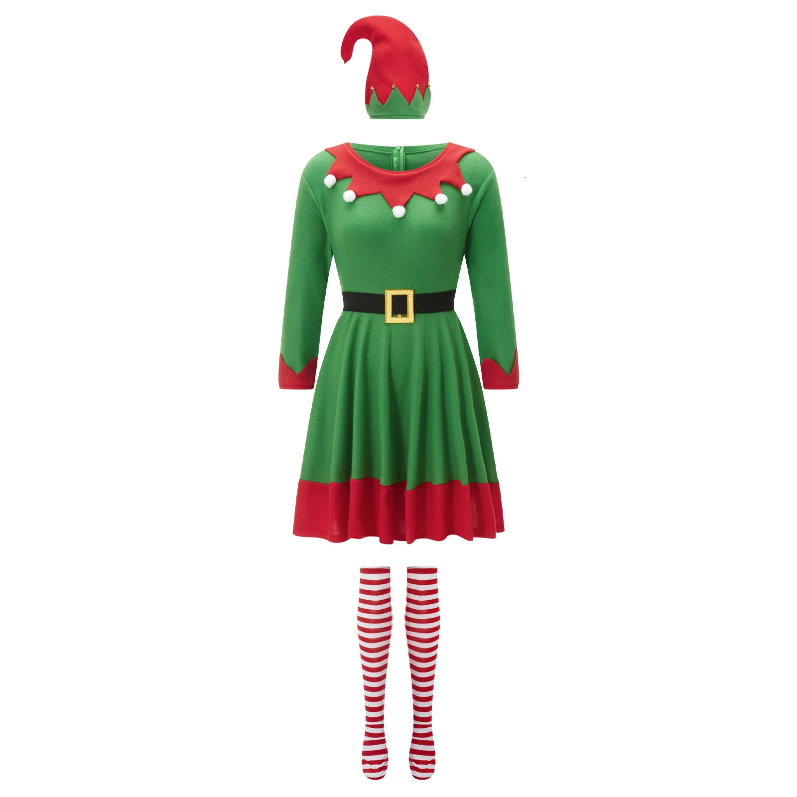 Womens Christmas elf costume with belt stockings and hat suitable for roleplaying party costumes 241007