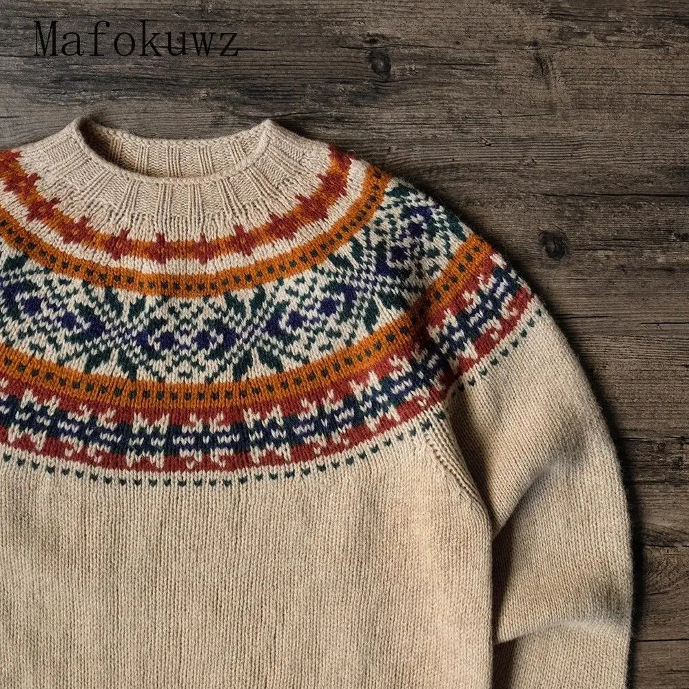 Japanese retro geometric O-neck pullover sweater American loose casual high street bottom sweater mens top 241007