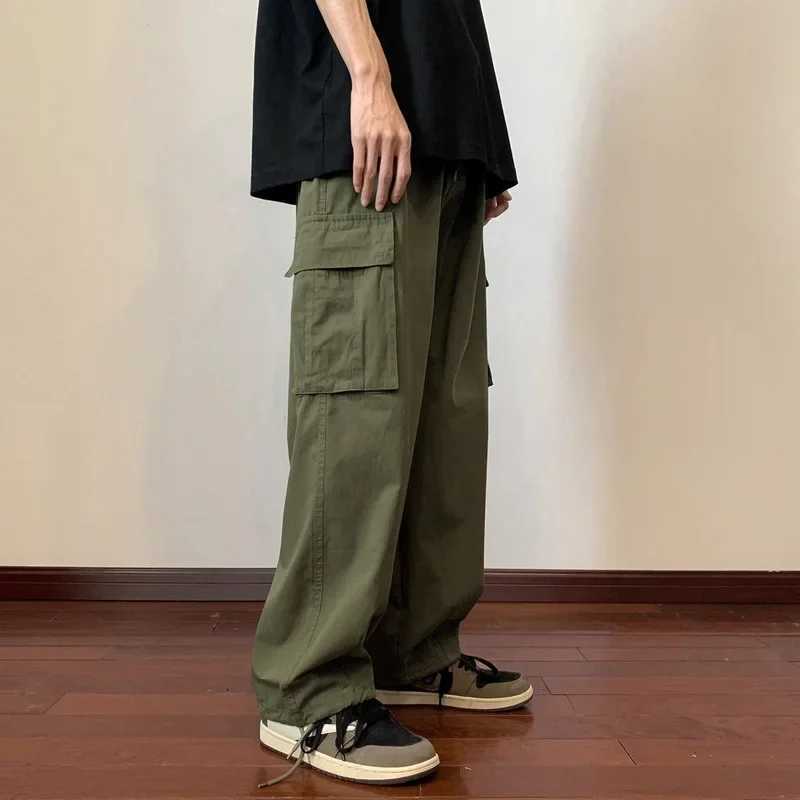 Military green Amei Kao mens cargo pants summer Japanese style oversized retro heavy-duty straight leg casual pants W241009