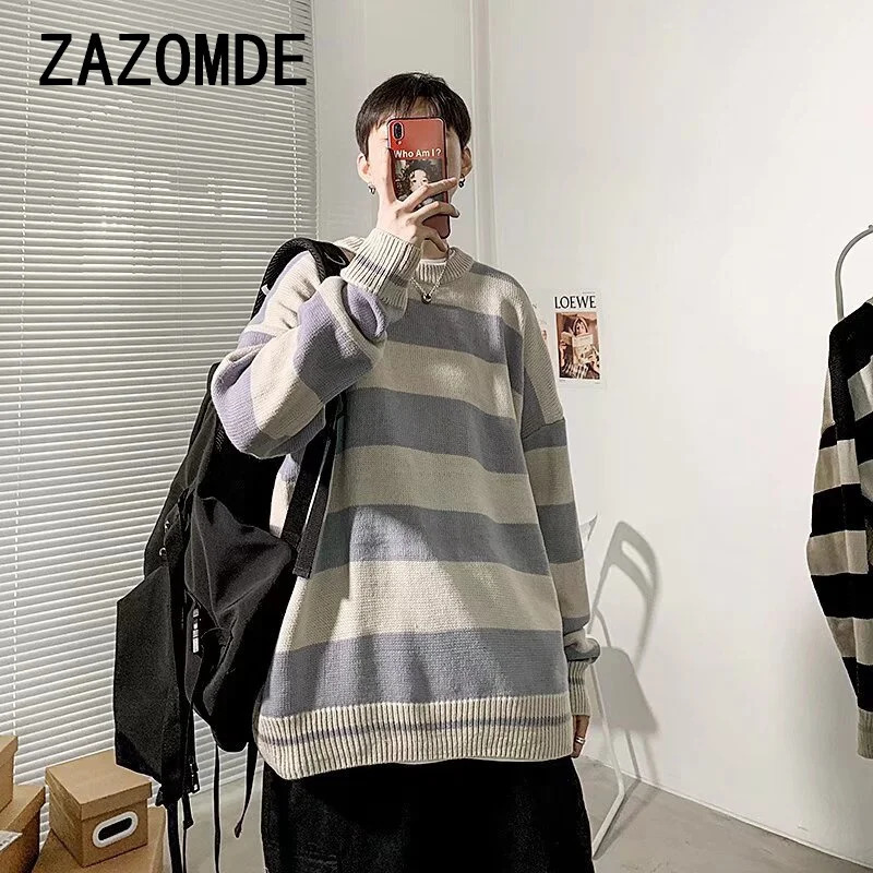 ZAZOMDE Couple Sweater Classic Autumn Striped Knitted Sweater Retro O-neck Pullover American Loose Harajuku Mens Retro Top 241007