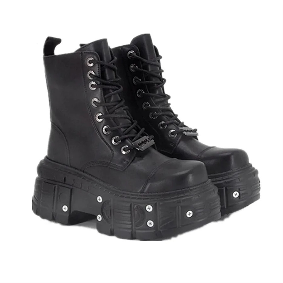 Punk style womens boots lace up high heels high platform shoes womens Gothic ankle rock boots metal decoration mens sports shoes 241007