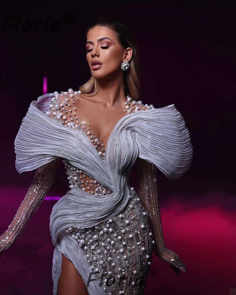 Pearls Glamorous Long Sleeve Wedding Dresses For Woman 2024 vestidos novias boda Sexy High Slit Celebrity Ceremony LuxrruFormal Gown