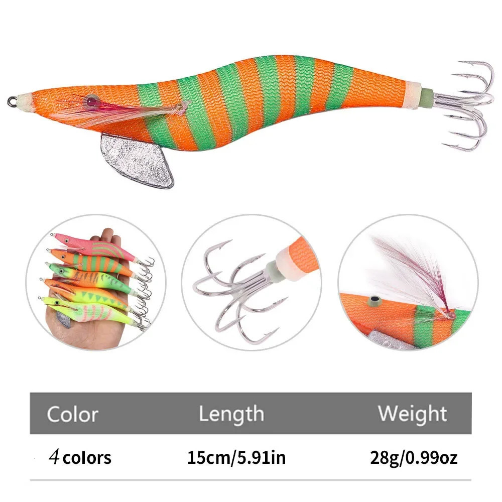 15CM Squid Jig Egi Baits Luminous Octopus Wooden Shrimp Fishing Lure Artifical Squid Jig Cuttlefish Hook Bait with Sound Beads 241010