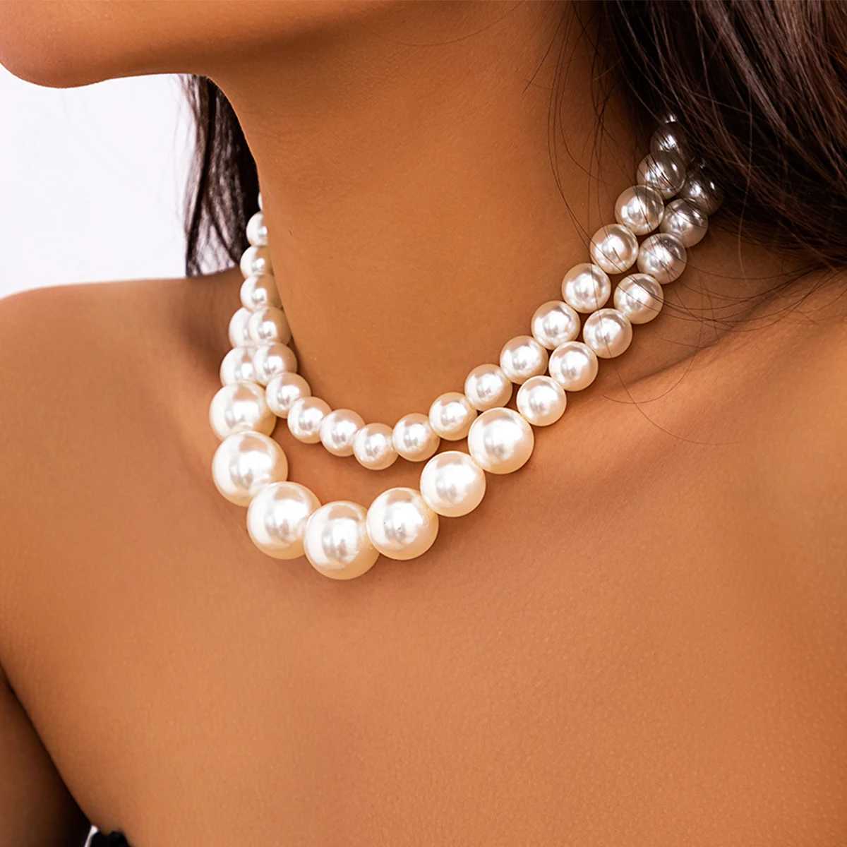 2Pcs/Set Luxury Elegant Big Imitation Pearl Choker Necklace for Women Exaggerated Multilayer Beaded Collar Chain Wedding JewelryX241009