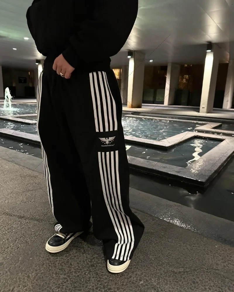 Fashion American retro classic striped loose sports pants hiphop streetwear Y2K Harajuku high waist wide leg casual 241010