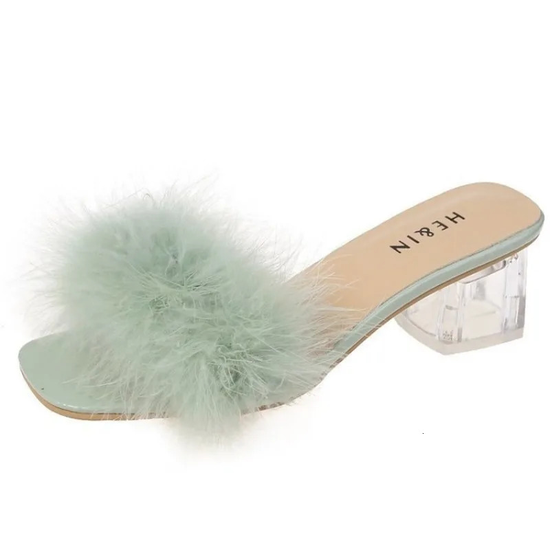 Mules Sandal Women Summer Outdoor Fashion Slippers Square Toe High Heels Office Ladies Feather Slides Chic Classics Furry Shoes 240927