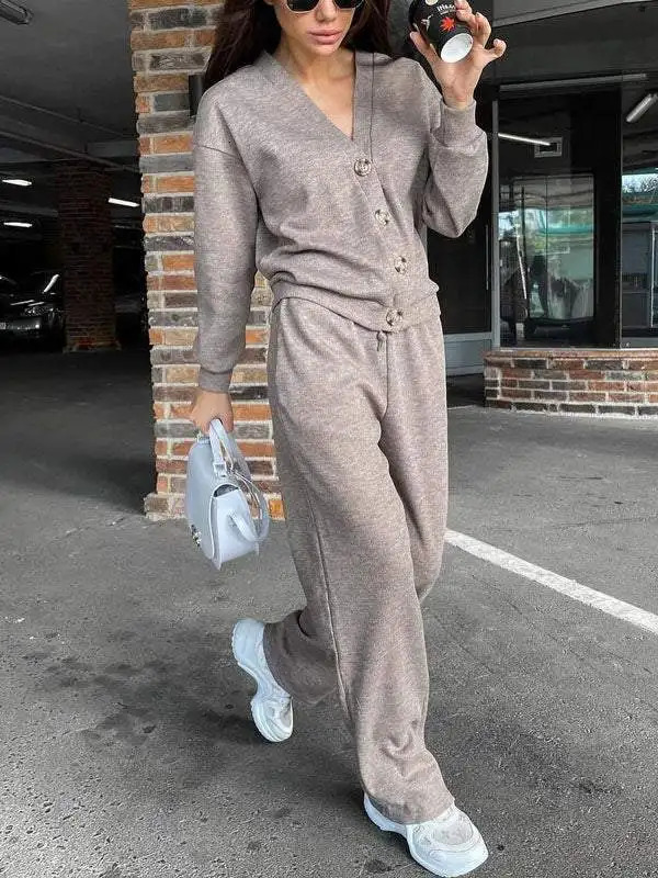 casual womens knitted pants set Vneck long sleeved single chest sweater cardiganlong twopiece 241008