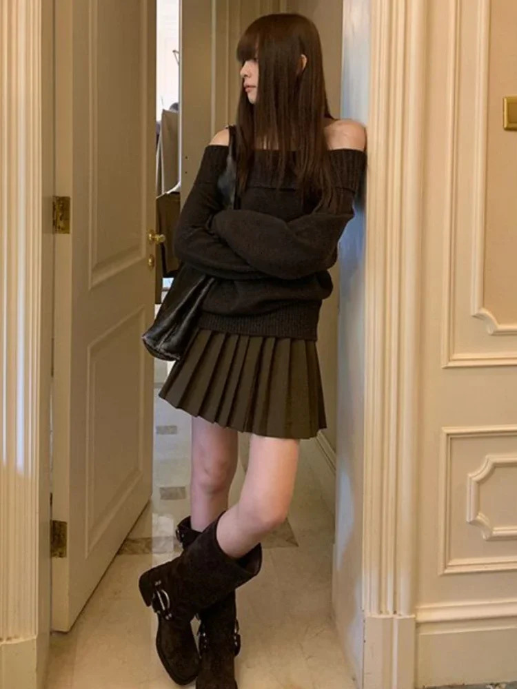 Deeptown Y2K Retro Shoulder Knitted Sweater Harajuku Womens Grunge Oversized Parachute Korean Coquette Slant Neck Pullover Top 241007