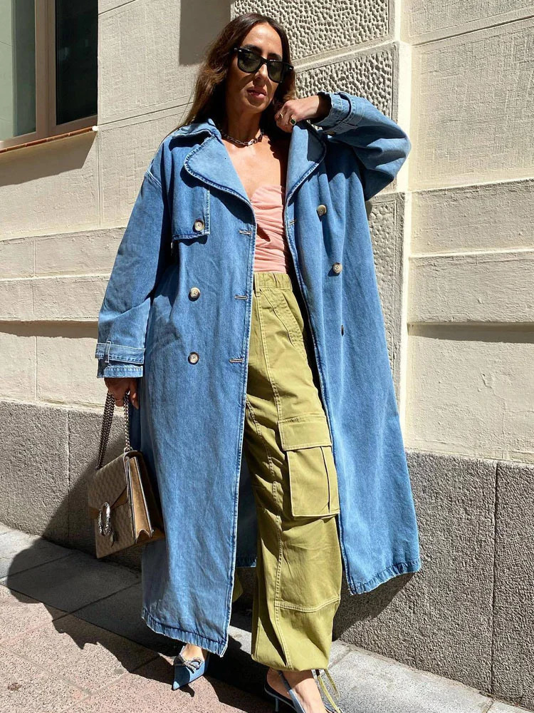Womens long denim trench coat waist belt ultra-thin jeans womens Jaqueta womens blue jeans womens jacket 240927