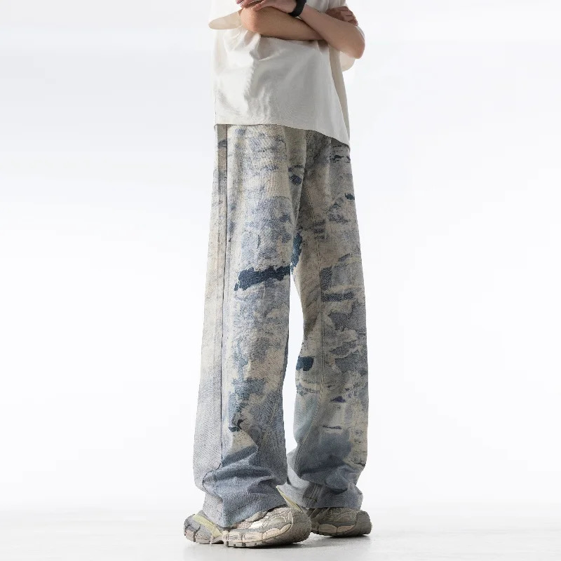 High end personalized 3D printed thick canvas denim pants Korean version hip-hop fashion motorcycle rider loose jeans 241007