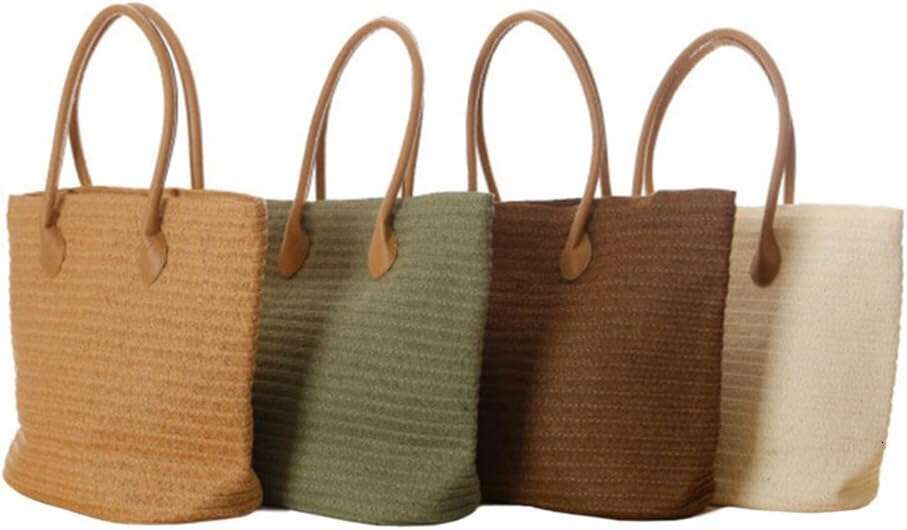 Women's Classic Straw Summer Beach Shoulder Bag Handbag Tote With PU Leather Straps Handmade Purse