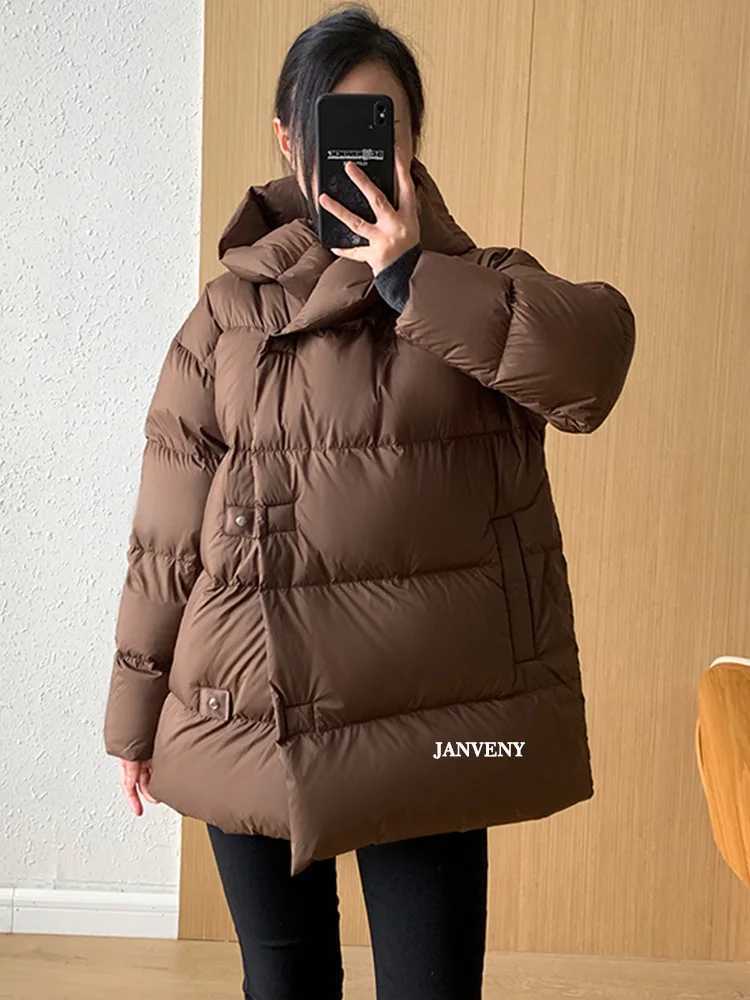 Men's Down Parkas Janveny 2024 New Winter 90% White Duck Down Jacket Womens Short Sleeve Super Large Cap Inflatable Jacket Loose Thick Windproof 