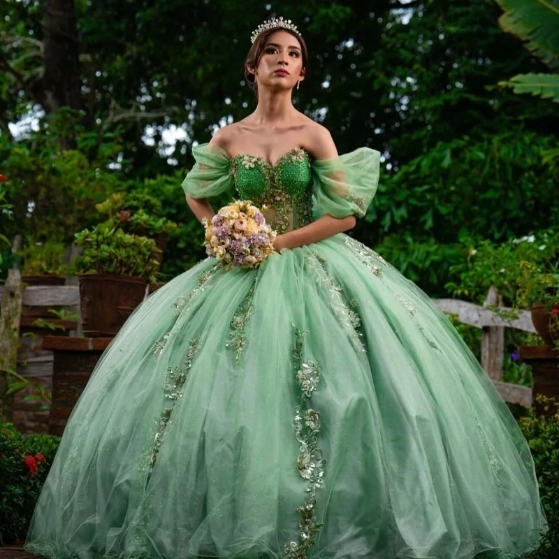 Mint Green Sweetheart Ball Gown Quinceanera Dresses Applique Lace Beads Tull Off the Shoulder Party Gown Sweet 16 Vestido De 15 Anos