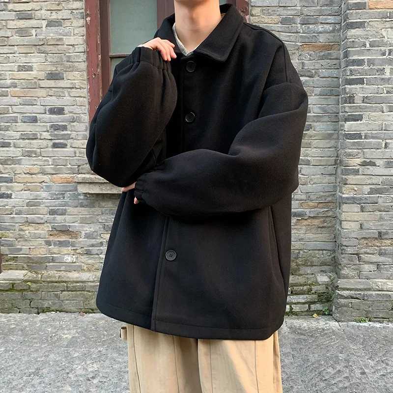 Winter Black Woolen Coats Men Vintage Single Breasted Loose Korean Fashion Wool Blends Rib Sleeve Harajuku Outerwear LX241010