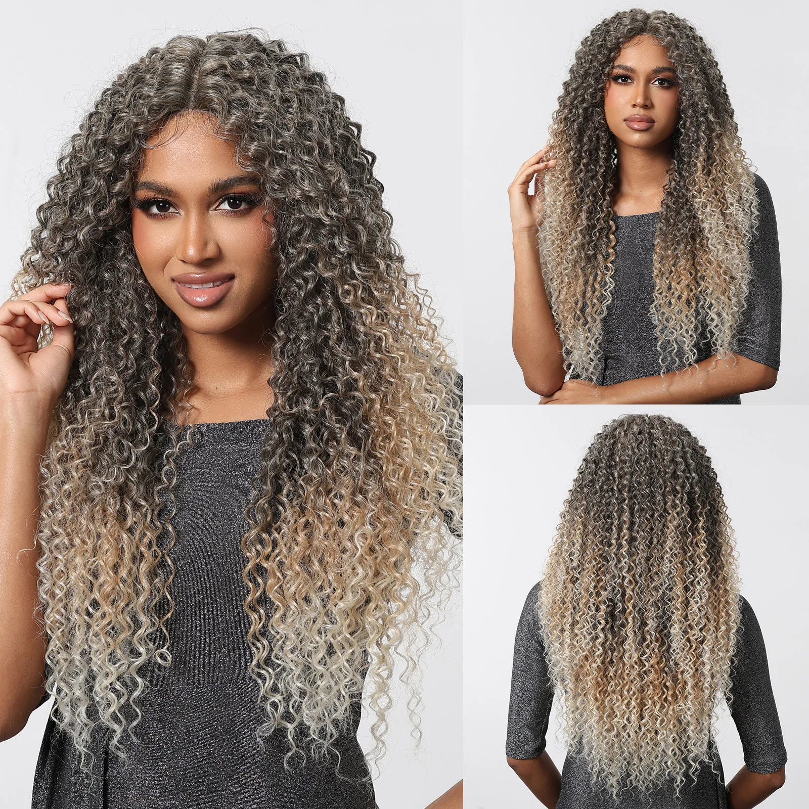 Long Twisted Curled African Lace Front Synthetic Wig Grey Golden Hair White Gold Wig Deep Curled Wig Black Brazilian Female T Part Lace 241007