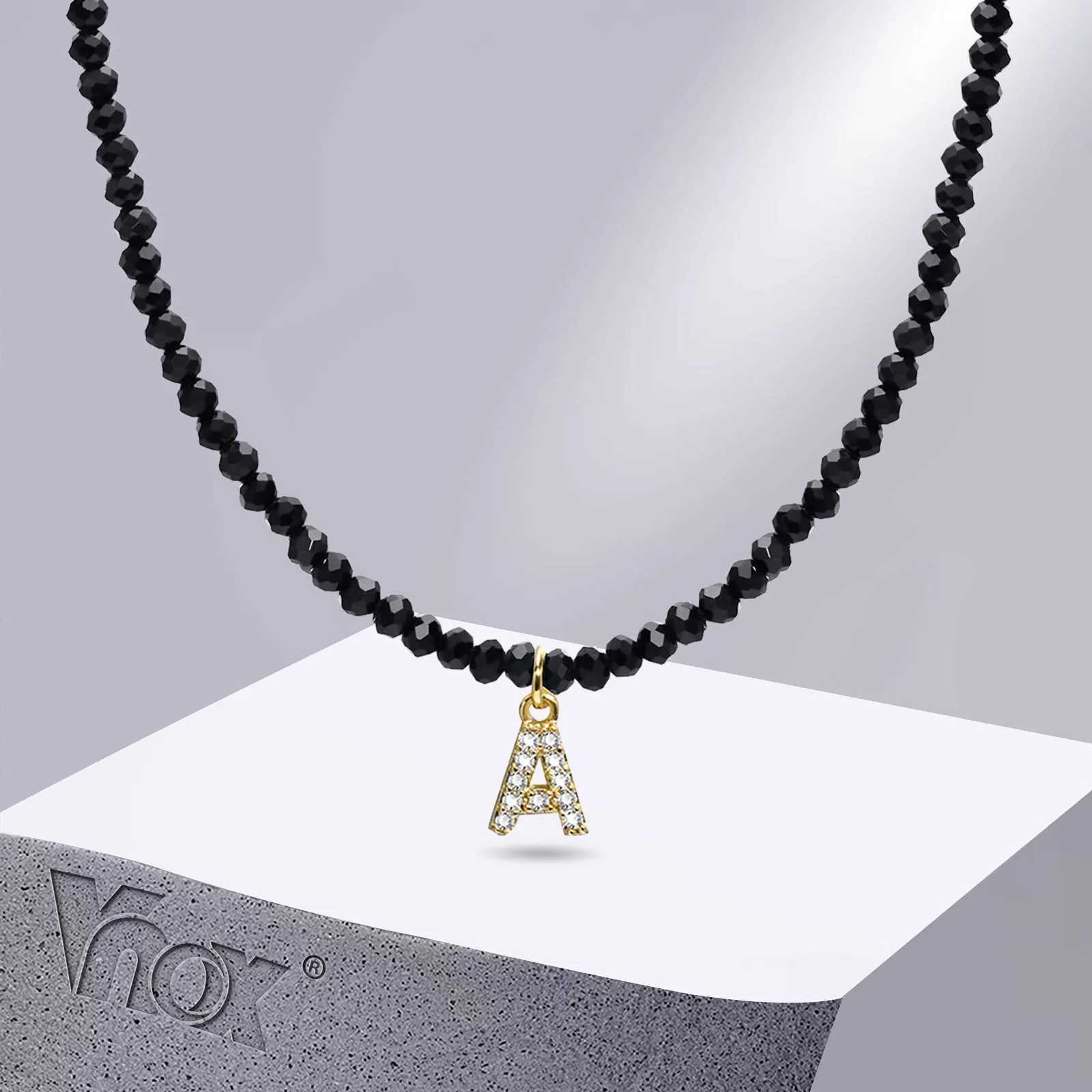 Vnox Gothic A-Z Initial Necklaces for Women Black Geometric Crystal Beads Choker 26 Letters Alpabet Stackable Chain NecklaceX241009