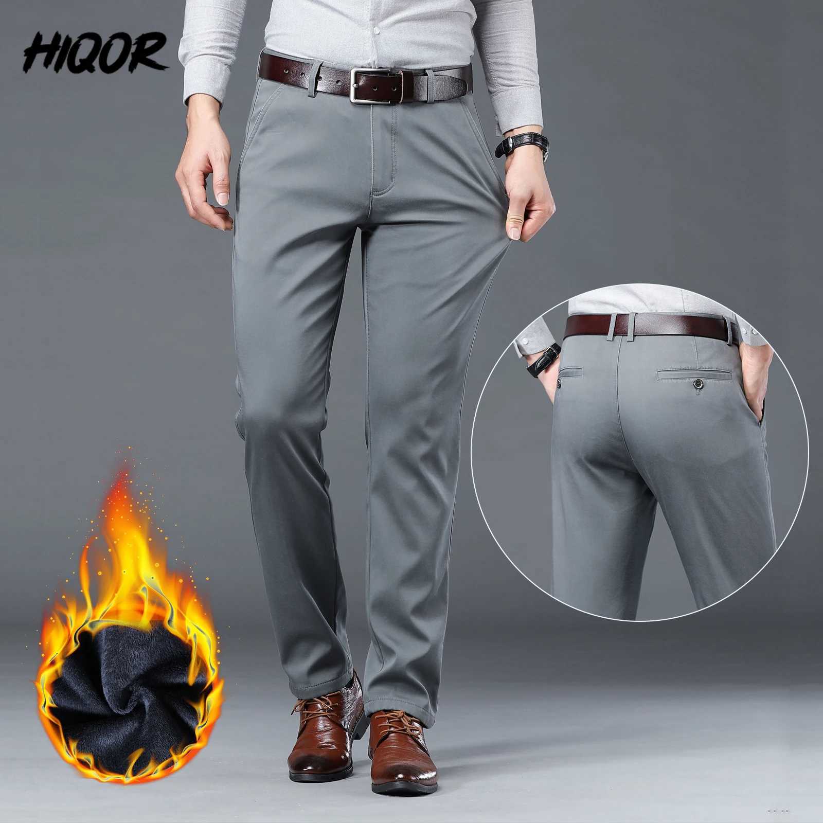 HIQOR Winter Wool Mens Casual Pants Elastic Solid Business Straight Pants Office Set Pants Autumn Pocket Pants Ropa Hombre W241009