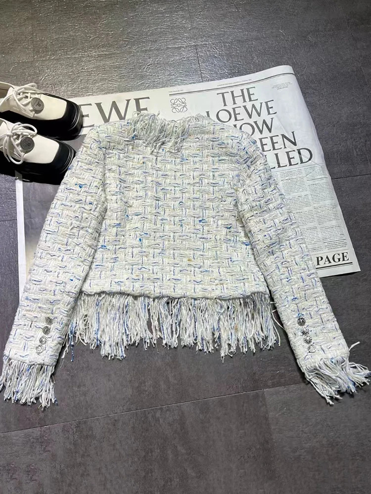 er vintage woven tweed pleated button pocket short sleeved jacket suitable for the fashionable one-piece jacket of autumn 240930