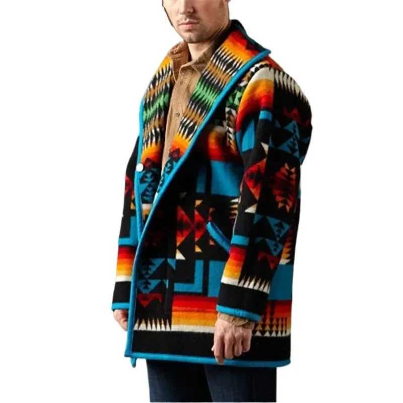 Mens Jackets And Coats Ins Spring/Autumn Printing Fashion Jacket Geometric Turn-down Collar Single Breasted Woolen Oversized Men LX241010
