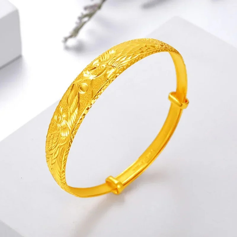 Gold Bracelet for Women 9999 24k Real Gold Bracelet Wide Face Dragon and Phoenix Bracelet Adjustable Gold Bracelet 240929