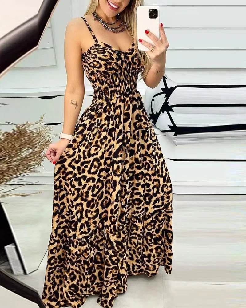 Summer leopard print camisole Vneck dress high waisted skirt sexy temperament long womens clothing plus size 241010