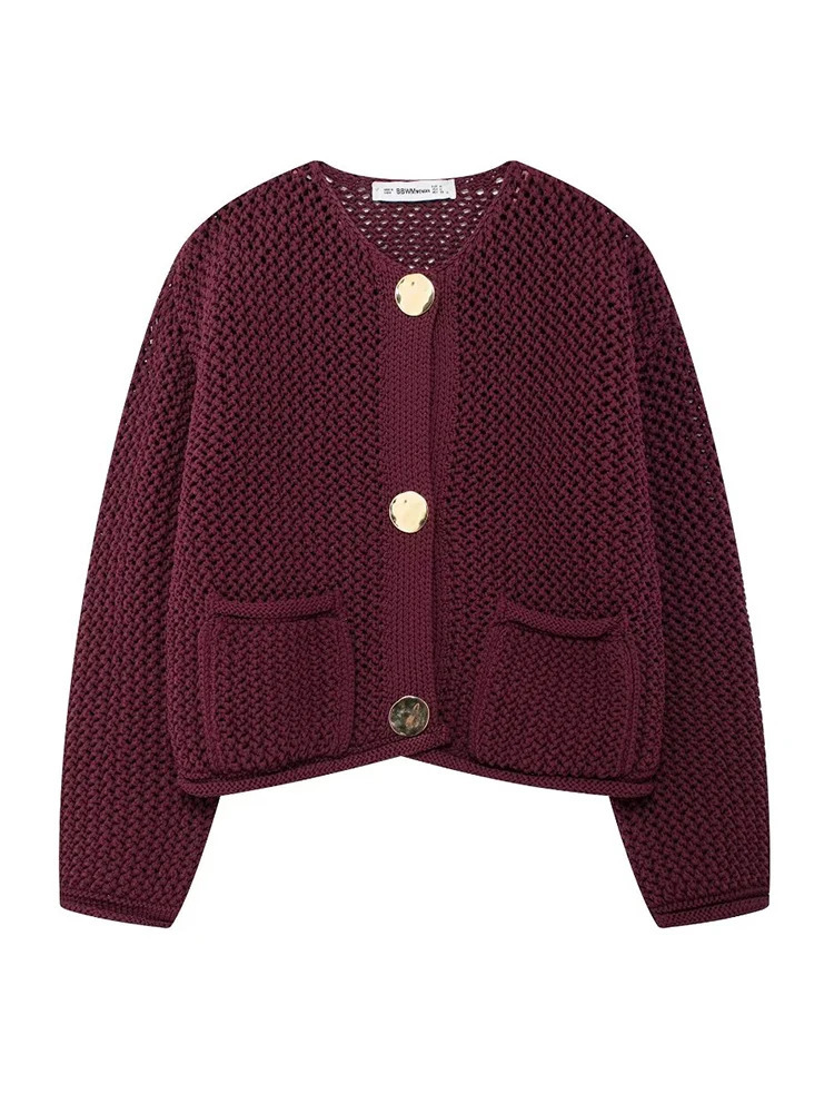 TRAF 2024 Autumn Winter Women Knitted Sweater Fashion Warm Solid Outwear With Pocket Loose Coat Top Vintage Long Sleeve Cardigan 241007