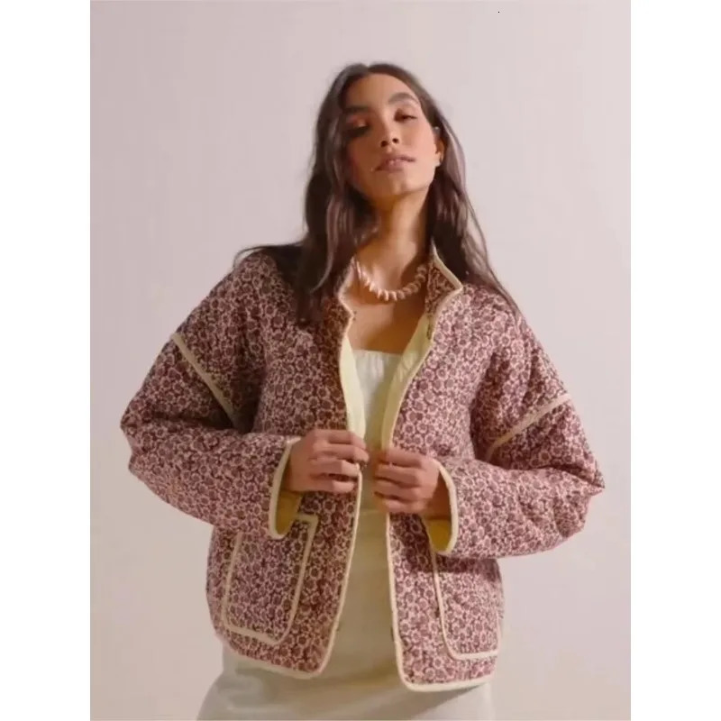Chic Vintage Floral Print Cotton Coat Autumn Winter Women Jacket Long Sleeve Cardigan Pocket Streetwear Short Quilted 240930