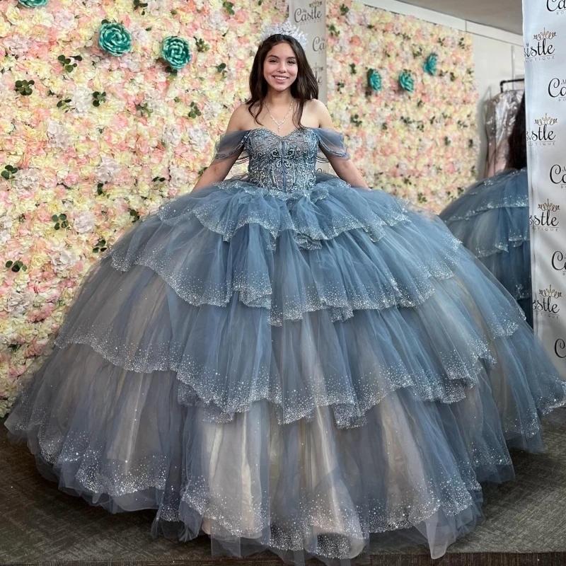 Sparkly Quinceanera Dresses Formal Luxury Party Beading Crystal Lace Tull Tiered Sweet 16 Dress Graduation Ball Gwon Vestidos De 15 anos