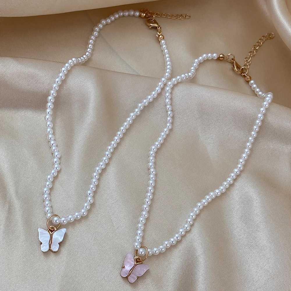 Fashion Beaded Pearl Butterfly Necklace for Women Teens Vintage Pink White Acrylic Butterfly Clavicle Necklace Party JewelryX241009
