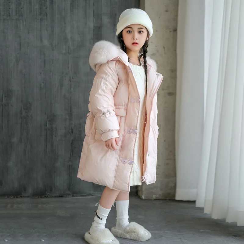 Down Coat Girls hooded fur collar jacket childrens winter casual cotton jacket fashionable warm jacket new youth clothing 5-12Y H241010