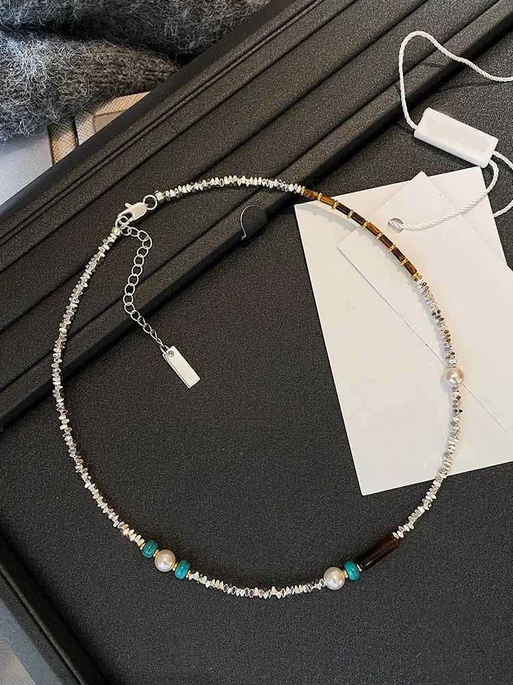 Natural stone pearl beads silver plated necklace female light luxury niche collarbone necklace accessoriesX241010