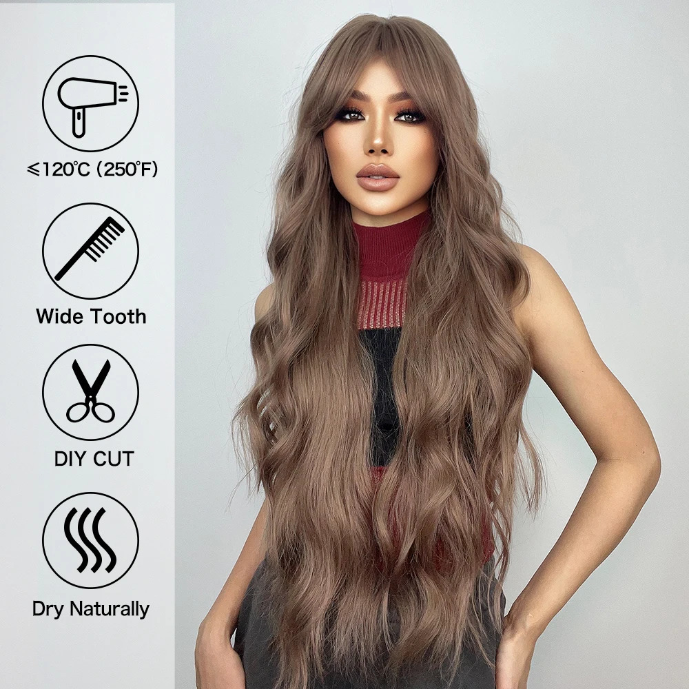 Ultra long curly chocolate brown synthetic hair wig with bangs African female role-playing water wave natural heat-resistant wig 241007