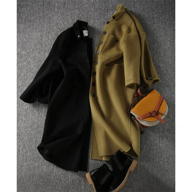High Quality 4XL Simple Woolen Coat Womens Clothing 2023 Spring Autumn MidLong Temperament Wool Blends Jacket Women Trench 241008