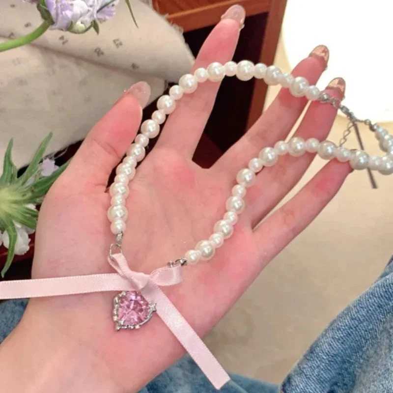 Kpop Goth Pink Ribbon Bow Imitation Pearl Beads Choker Necklace Y2K Sweet Cute Heart Pendant Clavicle Chain Girl Lolita JewelryX241009