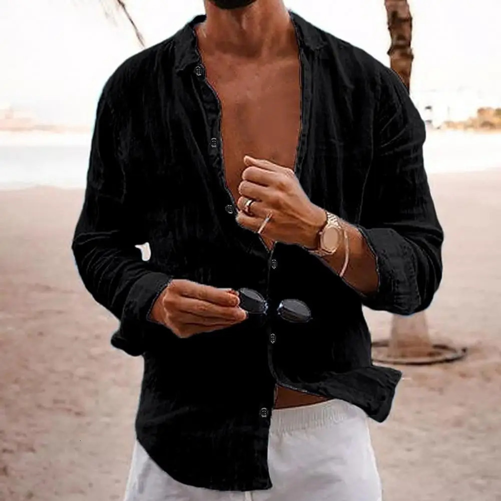 Cotton Linen Men Lapel Long Sleeve Shirt Tops Pleated Thin Solid Color Single Breasted V-neck Casual Shirt Tops Breathable Shirt 241010