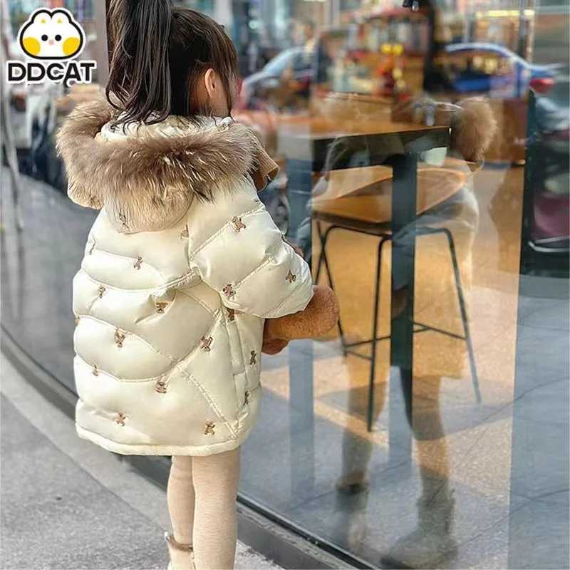 Down Coat Girl embroidery cotton jacket medium long 2023 new baby clothing winter big fur collar thickened childrens winter top H241010