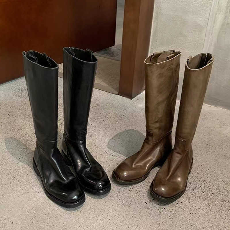 Autumn Winter Fashion Boots Leather Thick Heel Zipper High Long Ankle Boots For Womens Leather Knight Boots Women Shoes 240826