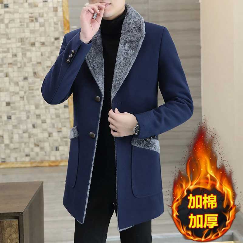 Fashionable high-end mens solid color casual handsome plus cotton thickened wool coat medium long woolen collar coat LX241010