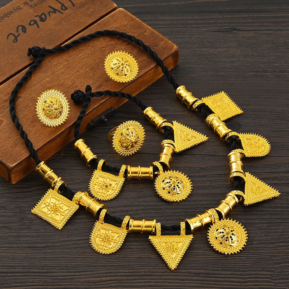 Ethiopian Gold Color Traditional Bridal Beautiful Jewelry Sets Necklace Earrings Ring Gifts Wedding Jewellery For Women 241007