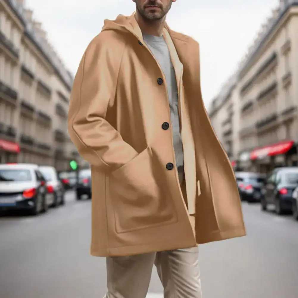 Casual Men Coat with Hooded Stylish Mens Woolen Hooded Coat with Pockets Single Breasted Mid-length Outwear for Winter Fashion LX241010