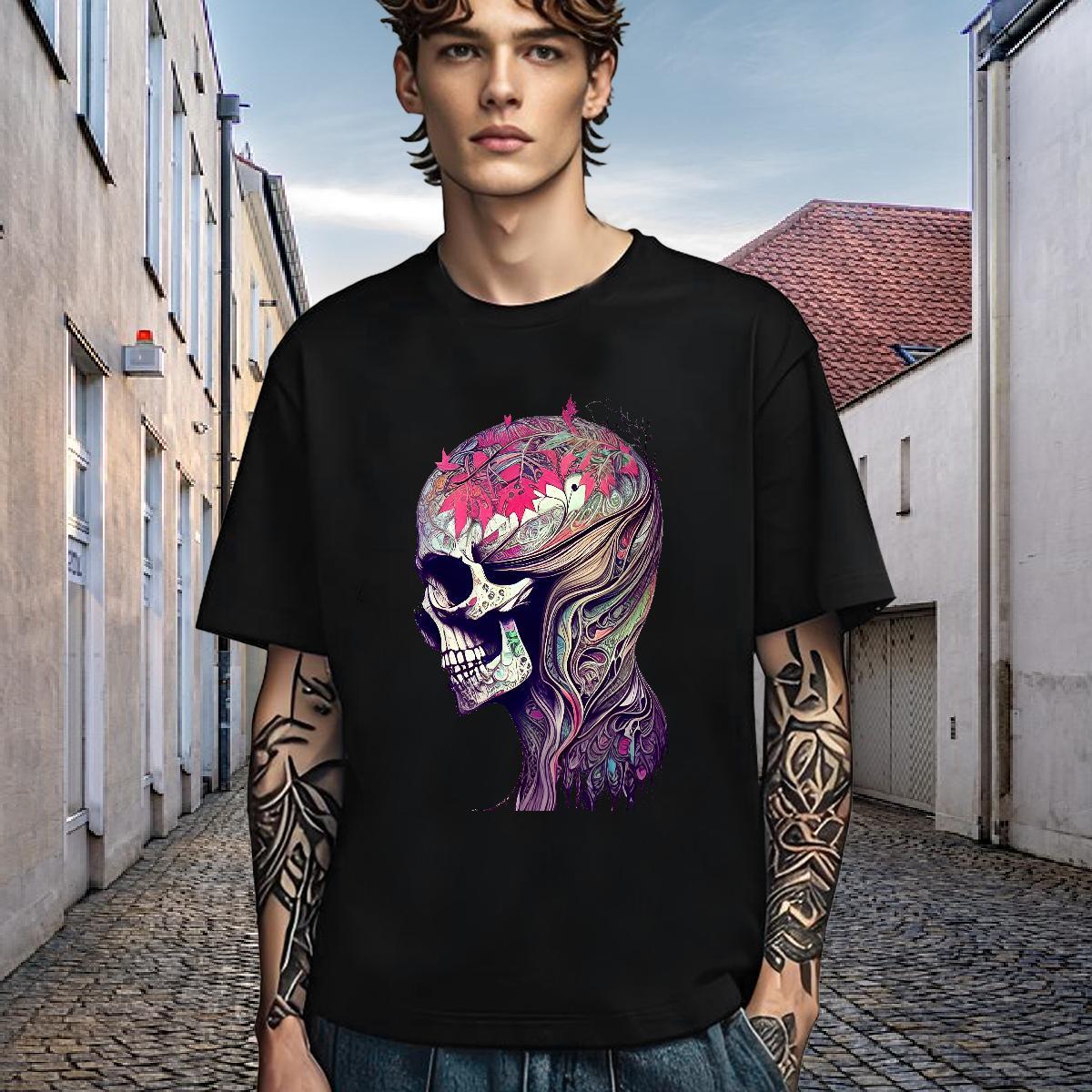 Loose T-Shirts for Men 230g Cotton skull Street Wear DIY Logo Oversized O Neck Short Sleeves Men Clothes T-Shirt Fashion Design Tees