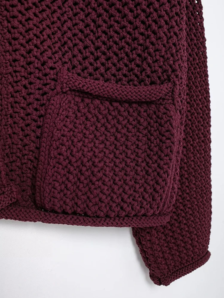 TRAF 2024 Autumn Winter Women Knitted Sweater Fashion Warm Solid Outwear With Pocket Loose Coat Top Vintage Long Sleeve Cardigan 241007
