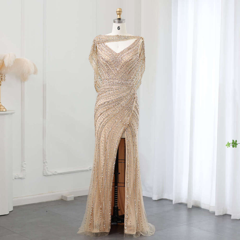 Sharon Said Sier Mermaid Dubai Evening Dress for Women Wedding Party with Cape Heavy Beaded Slit Prom Dresses SS035