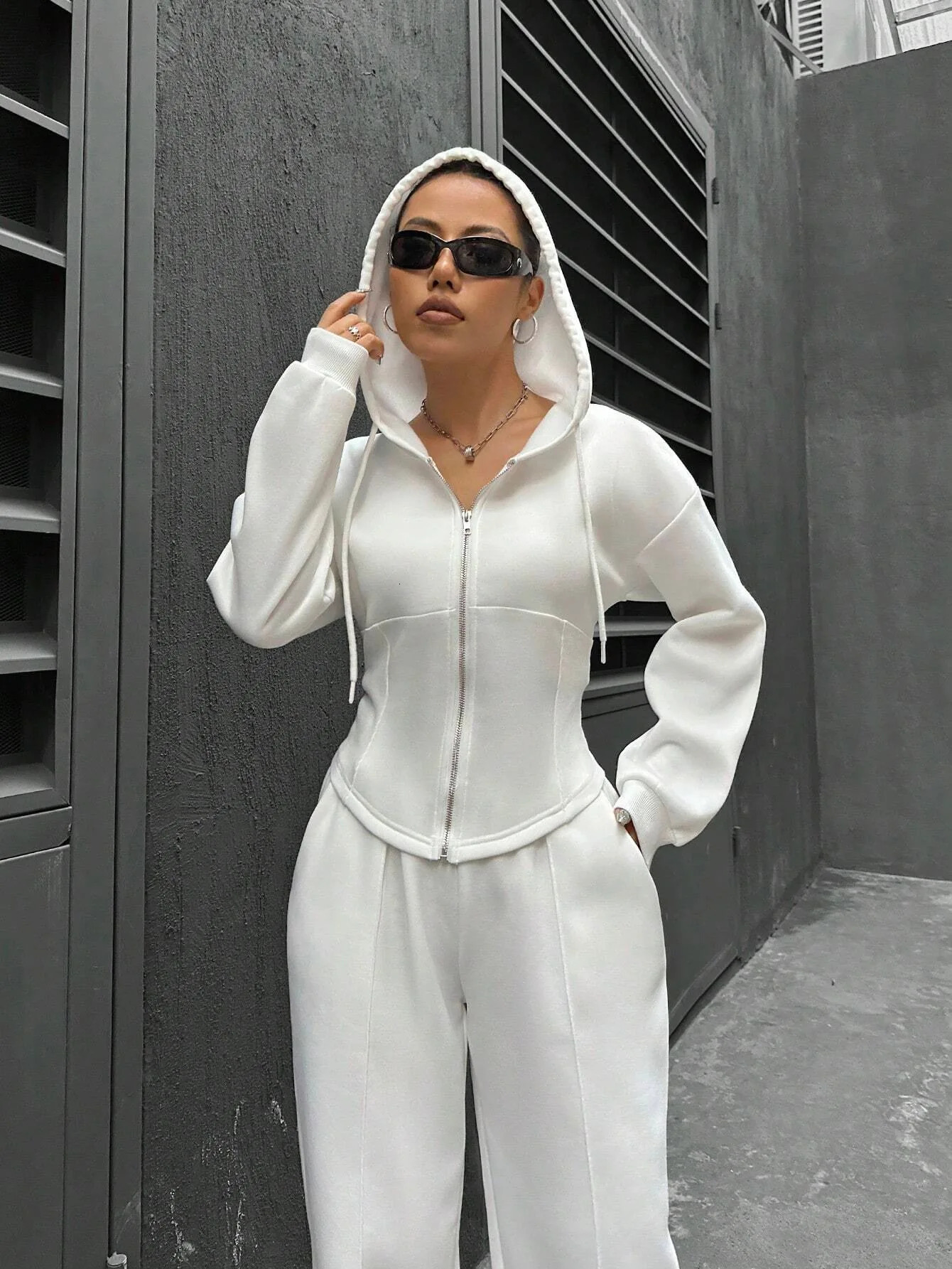 Grey bomber jacket womens 2piece casual long sleeved zipper solid sportswear Trouser set autumn 241008