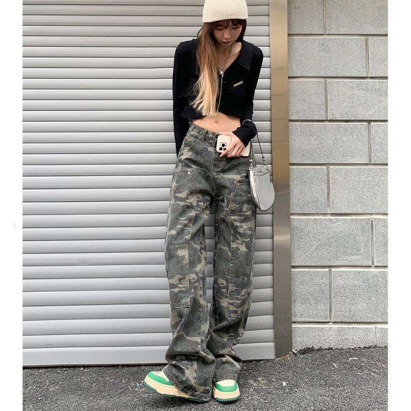 American Hip-hop Camouflage Work Womens Chubby Mm Spring Loose Straight Jeans Look Slim High Waisted Wide Leg Pants Trendy All-match Model Fashionable